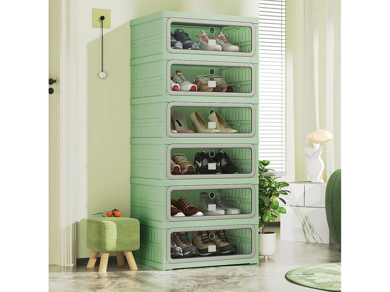 Meuble à chaussures étroit pliable 45x34x106 cm, 6 niveaux, portes transparentes en PET à fermeture magnétique, sans montage, entrée