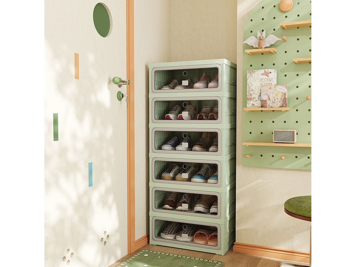 Meuble à chaussures étroit pliable 45x34x106 cm, 6 niveaux, portes transparentes en PET à fermeture magnétique, sans montage, entrée