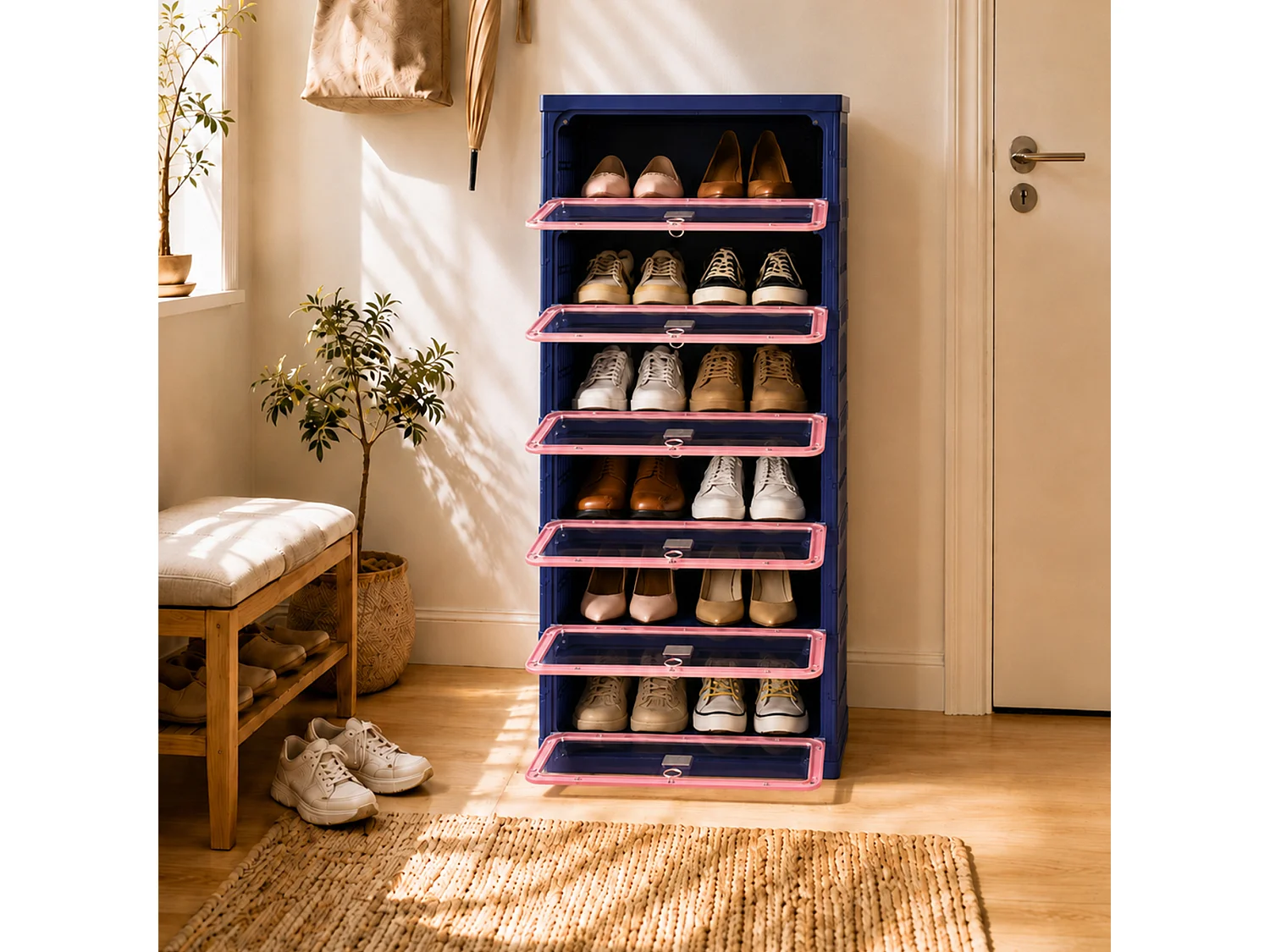 Meuble à chaussures étroit pliable 45x34x106 cm, 6 niveaux, portes transparentes en PET à fermeture magnétique, sans montage, entrée