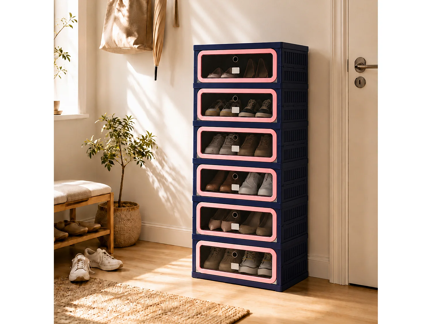 Meuble à chaussures étroit pliable 45x34x106 cm, 6 niveaux, portes transparentes en PET à fermeture magnétique, sans montage, entrée