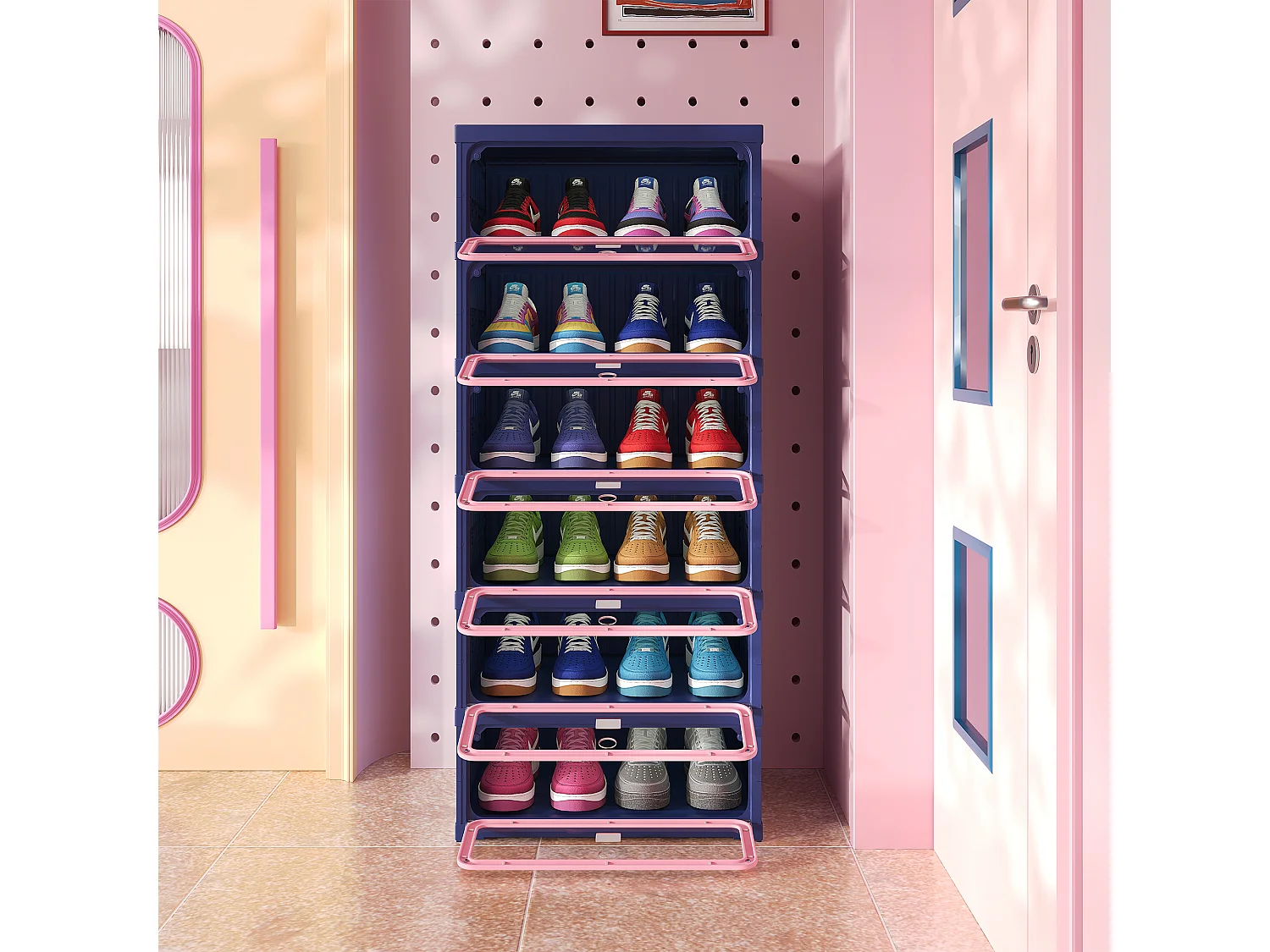 Meuble à chaussures étroit pliable 45x34x106 cm, 6 niveaux, portes transparentes en PET à fermeture magnétique, sans montage, entrée