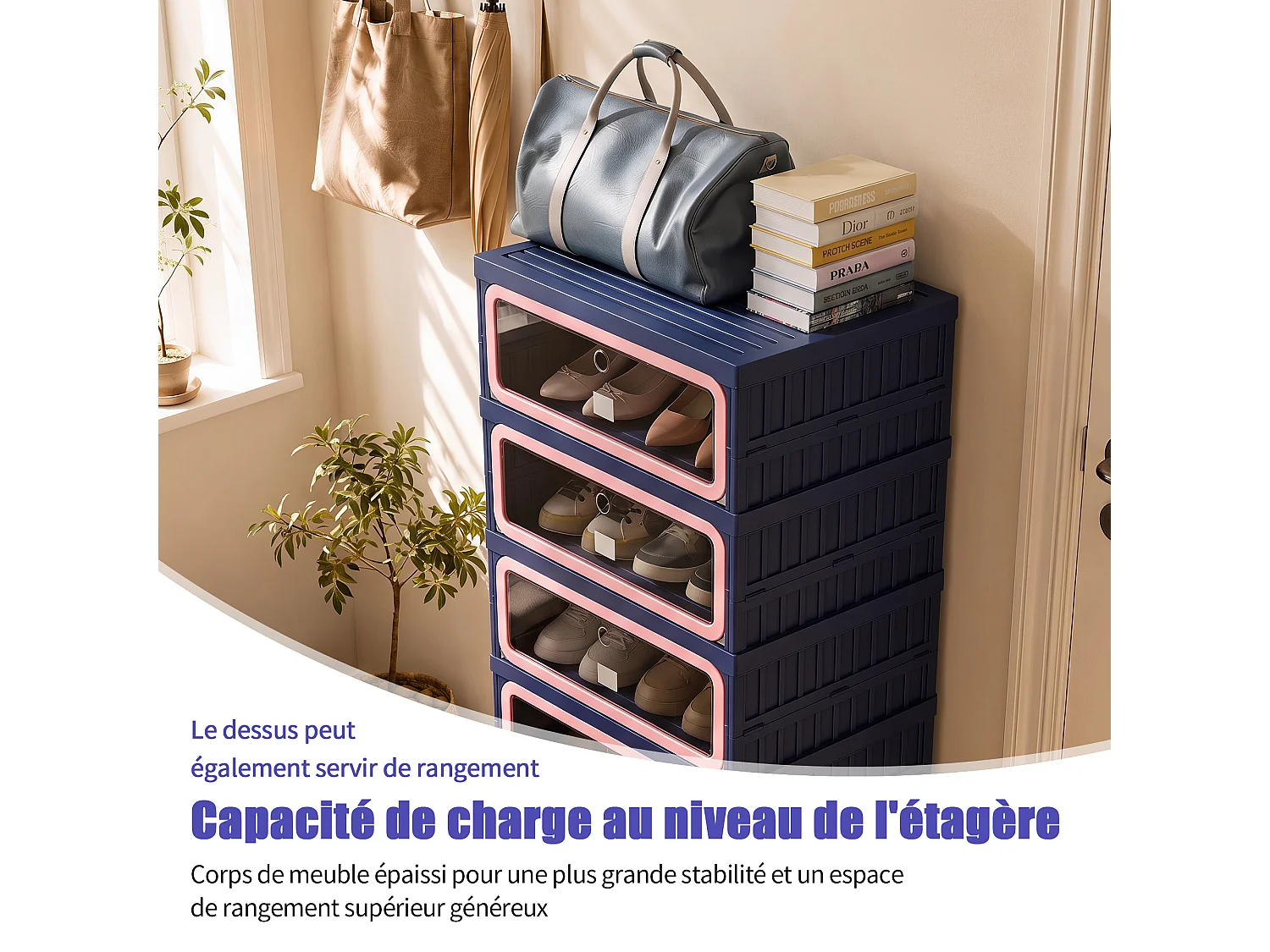 Meuble à chaussures étroit pliable 45x34x106 cm, 6 niveaux, portes transparentes en PET à fermeture magnétique, sans montage, entrée