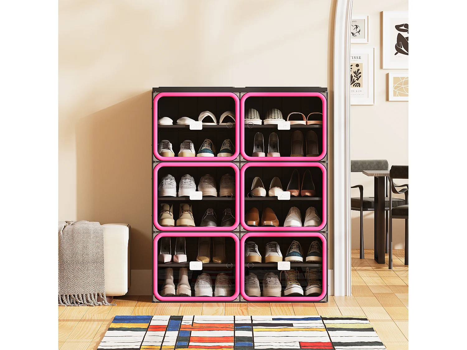 Meuble à chaussures pliable 85x33,5x104,3 cm, 6 niveaux double colonne, portes transparentes magnétiques, sans montage, entrée