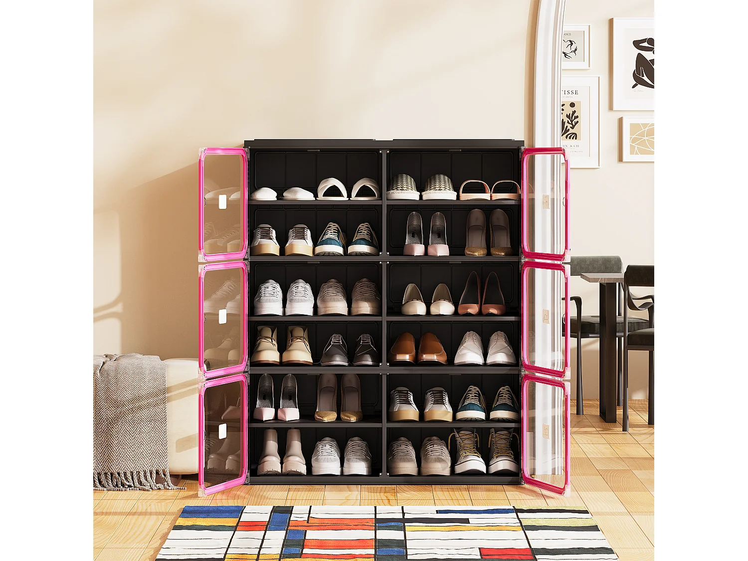 Meuble à chaussures pliable 85x33,5x104,3 cm, 6 niveaux double colonne, portes transparentes magnétiques, sans montage, entrée