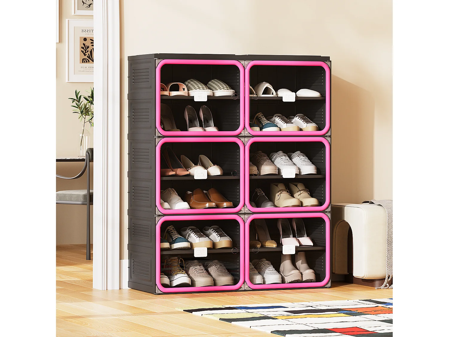 Meuble à chaussures pliable 85x33,5x104,3 cm, 6 niveaux double colonne, portes transparentes magnétiques, sans montage, entrée