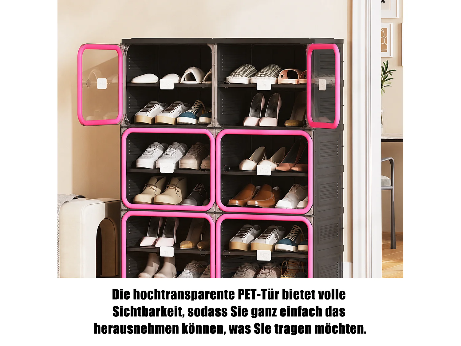 Meuble à chaussures pliable 85x33,5x104,3 cm, 6 niveaux double colonne, portes transparentes magnétiques, sans montage, entrée