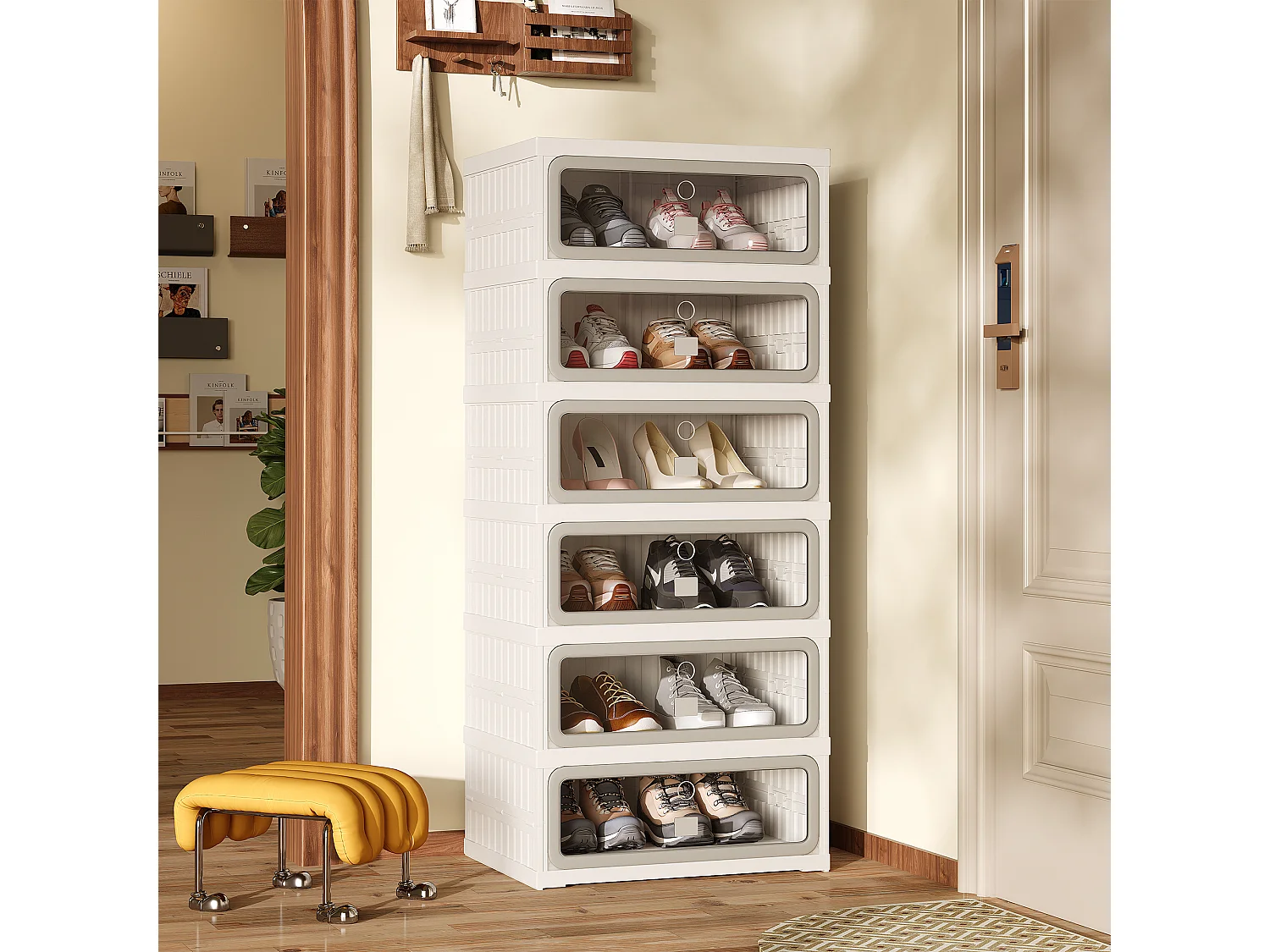 Meuble à chaussures étroit pliable 45x34x106 cm, 6 niveaux, portes transparentes en PET à fermeture magnétique, sans montage, entrée