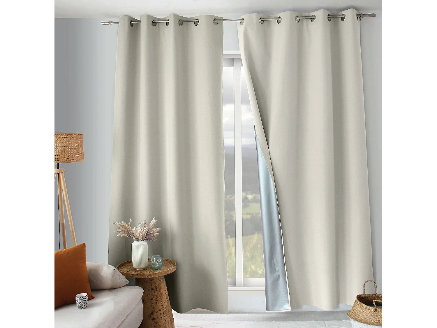 Rideaux occultant thermique, écru, 140x240 cm, Lot de 2, avec œillets, Collection Oxford, CMADECO - Beige