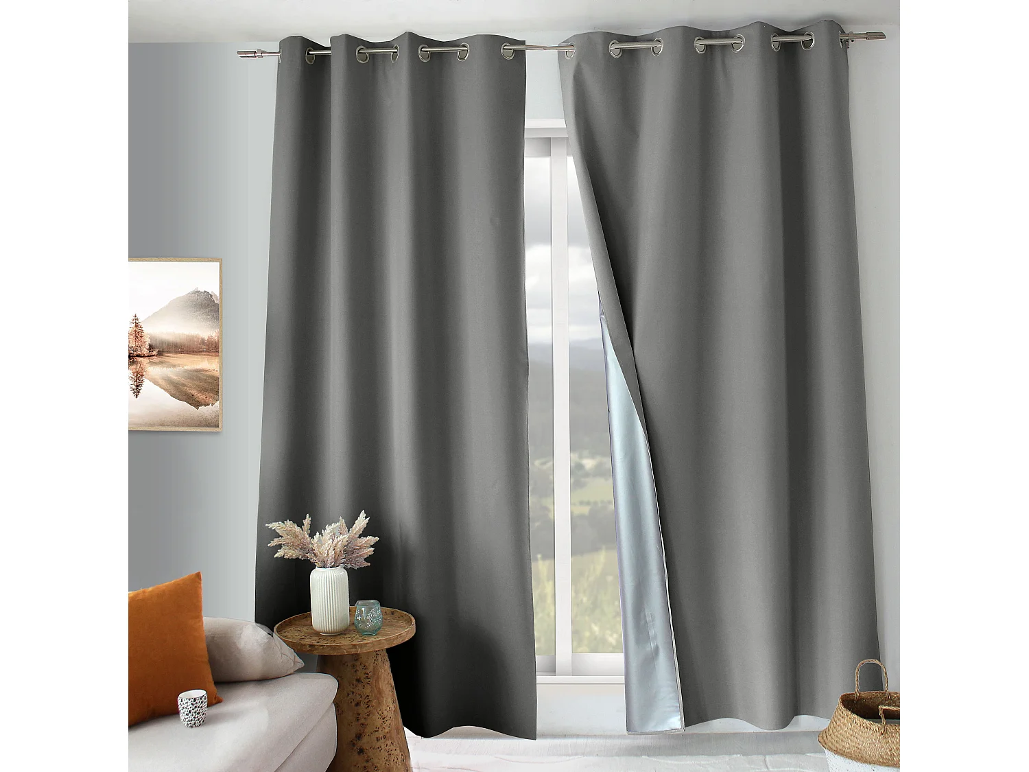 Rideaux occultant thermique, Gris clair, 140x240 cm, Lot de 2, avec œillets, Collection Oxford, CMADECO - Gris