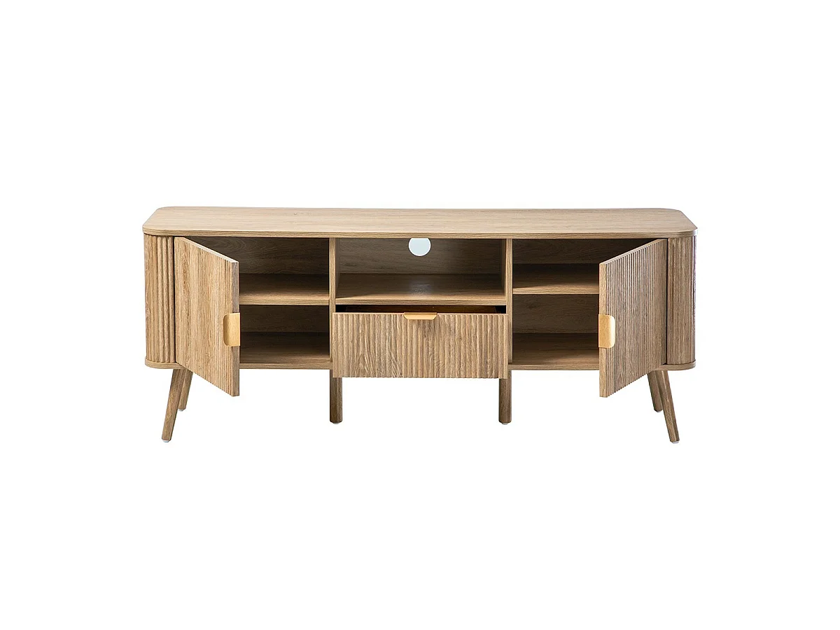 Meuble TV 2 portes effet chêne façades lames arrondies L140 cm - MAHO