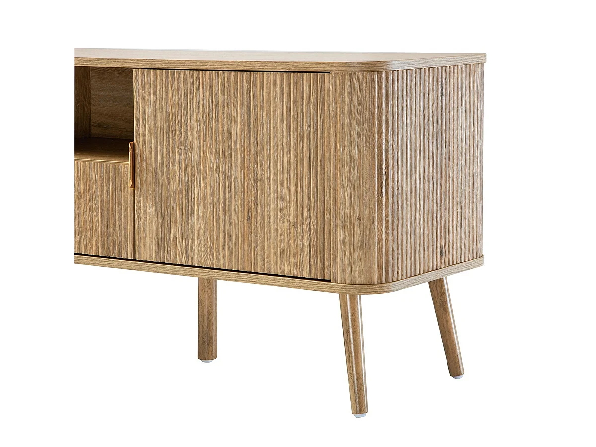 Meuble TV 2 portes effet chêne façades lames arrondies L140 cm - MAHO