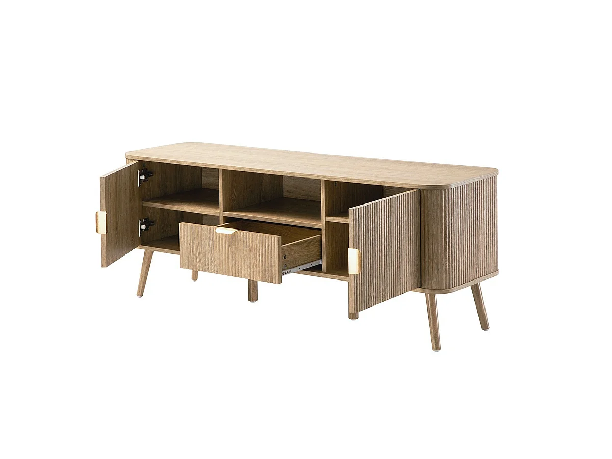 Meuble TV 2 portes effet chêne façades lames arrondies L140 cm - MAHO