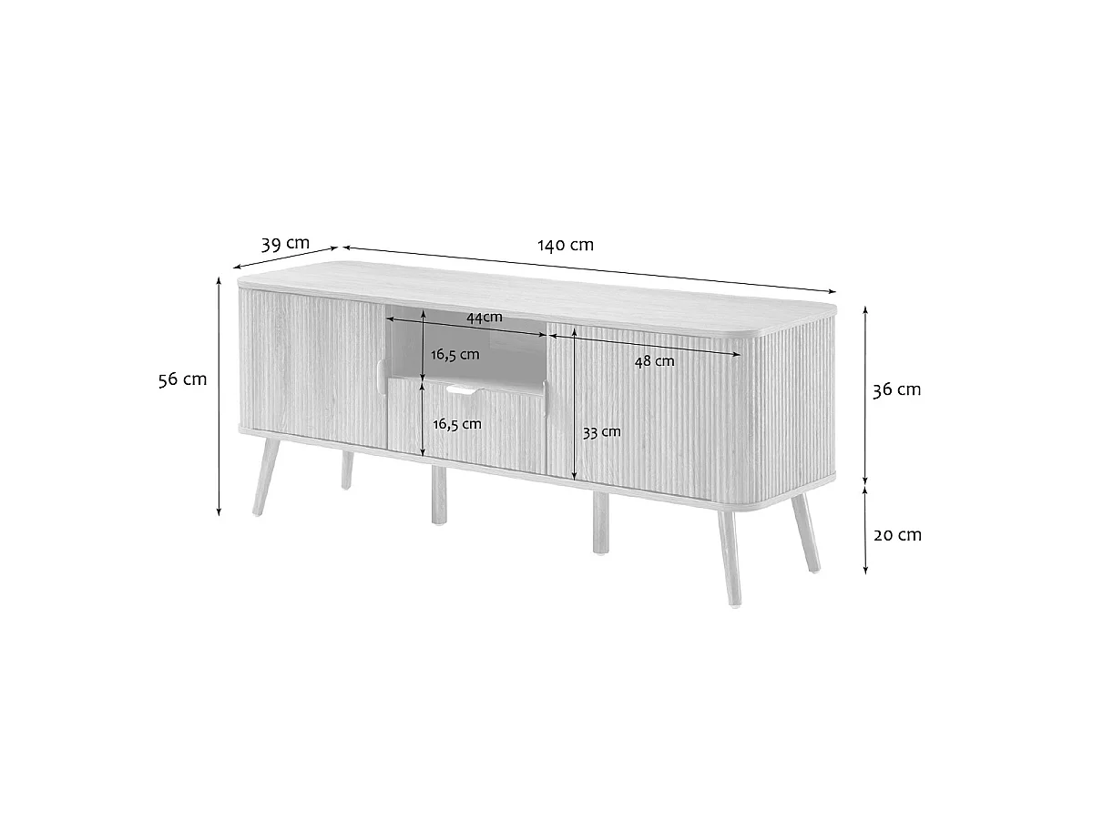 Meuble TV 2 portes effet chêne façades lames arrondies L140 cm - MAHO