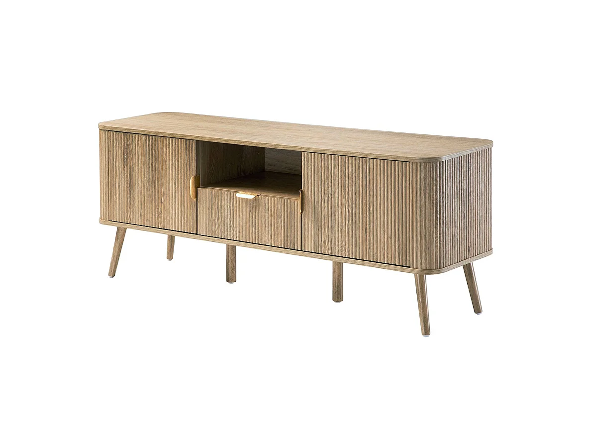 Meuble TV 2 portes effet chêne façades lames arrondies L140 cm - MAHO