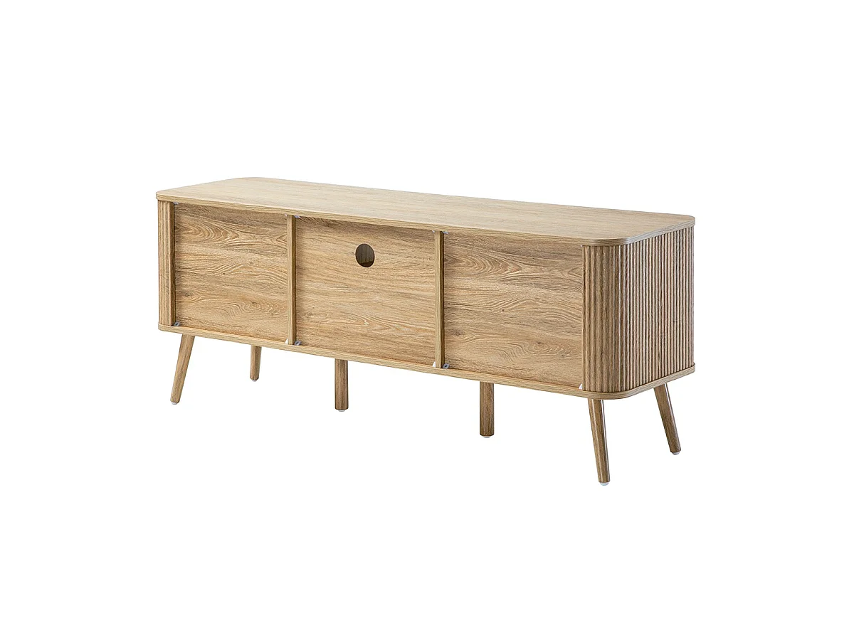 Meuble TV 2 portes effet chêne façades lames arrondies L140 cm - MAHO