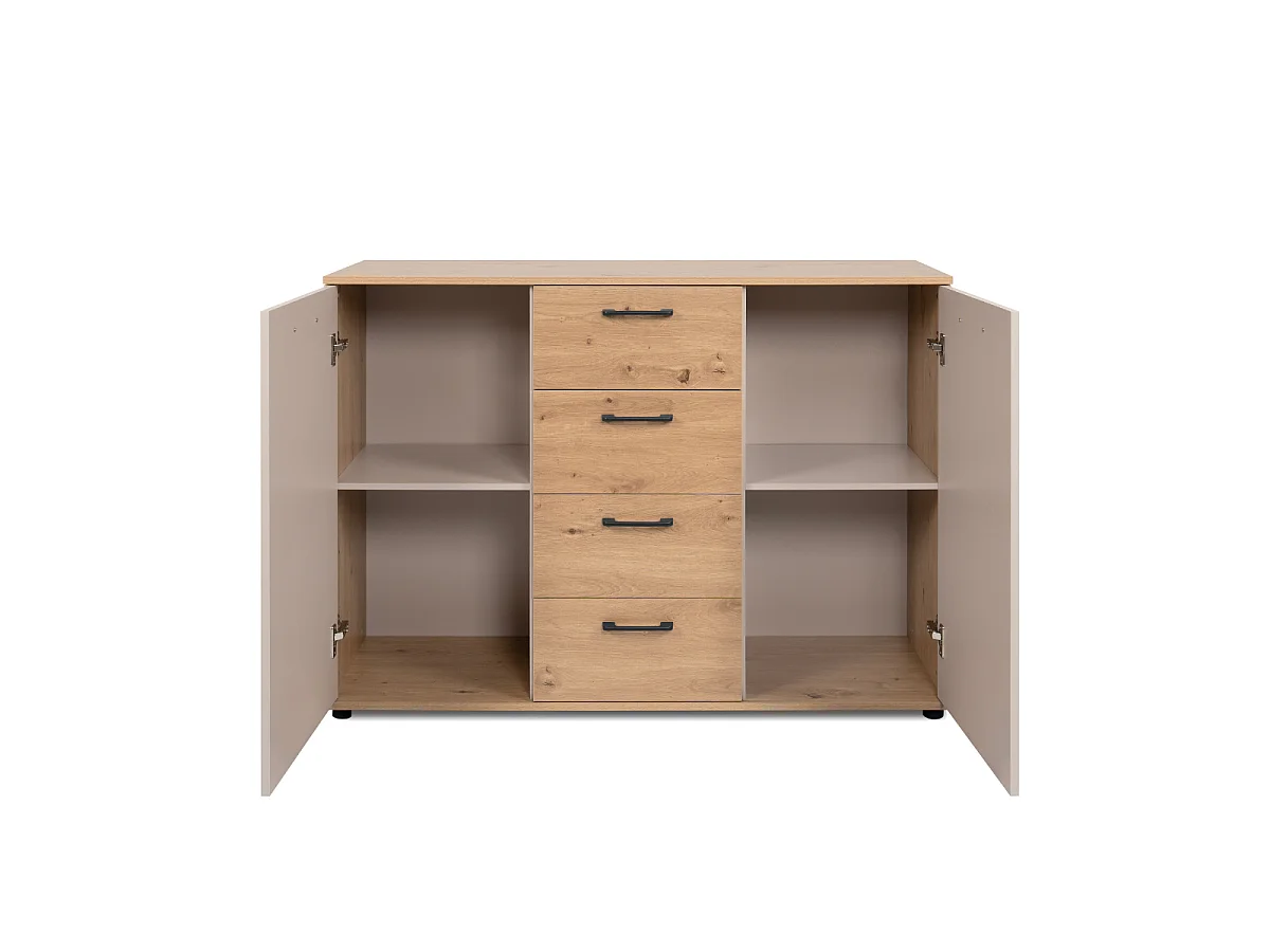 Buffet 2 portes, 4 tiroirs effet chêne et cachemire L120 cm - LINO