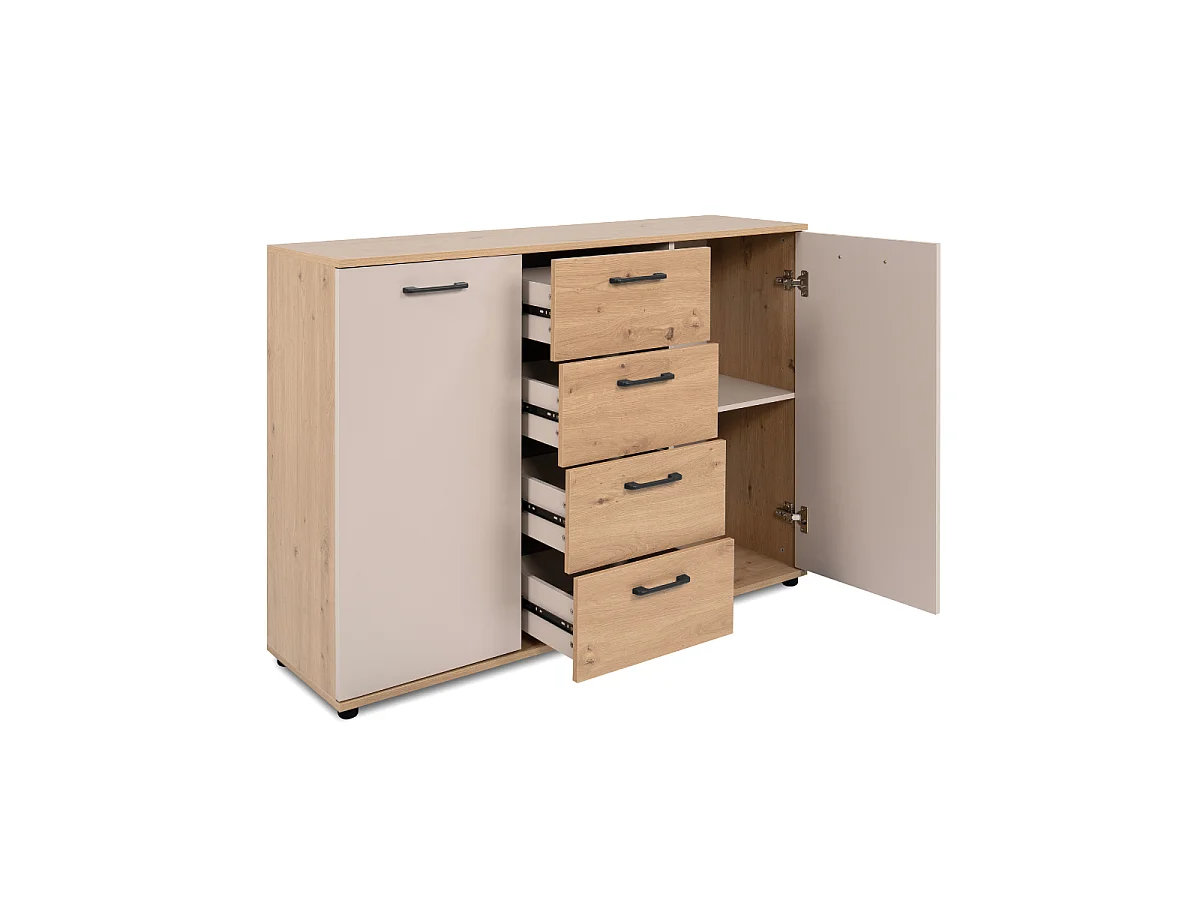 Buffet 2 portes, 4 tiroirs effet chêne et cachemire L120 cm - LINO