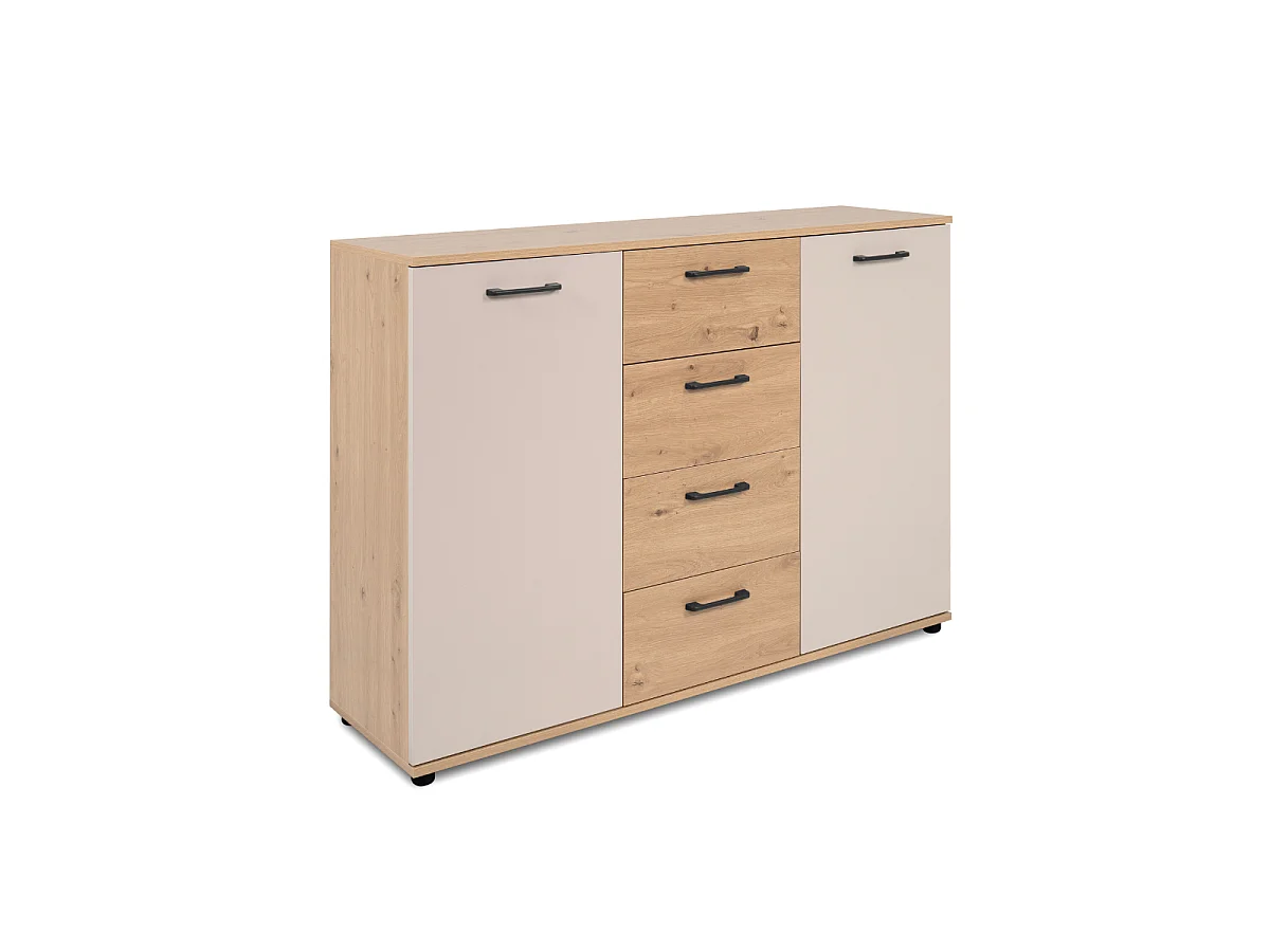 Buffet 2 portes, 4 tiroirs effet chêne et cachemire L120 cm - LINO