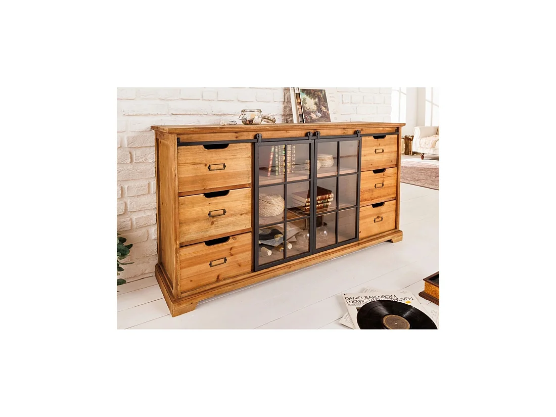 Buffet LUMBER 148 cm en madera de pino – 2 puertas correderas de vidrio y 6 cajones