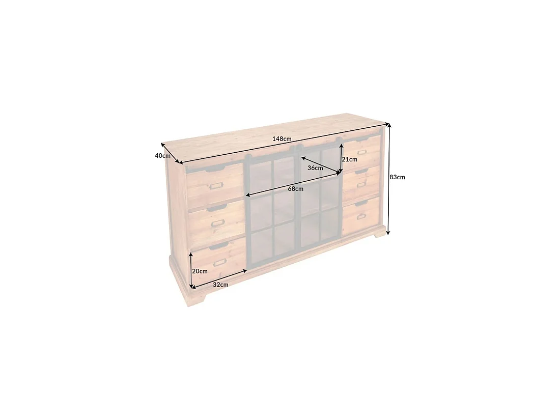 Buffet LUMBER 148 cm en madera de pino – 2 puertas correderas de vidrio y 6 cajones