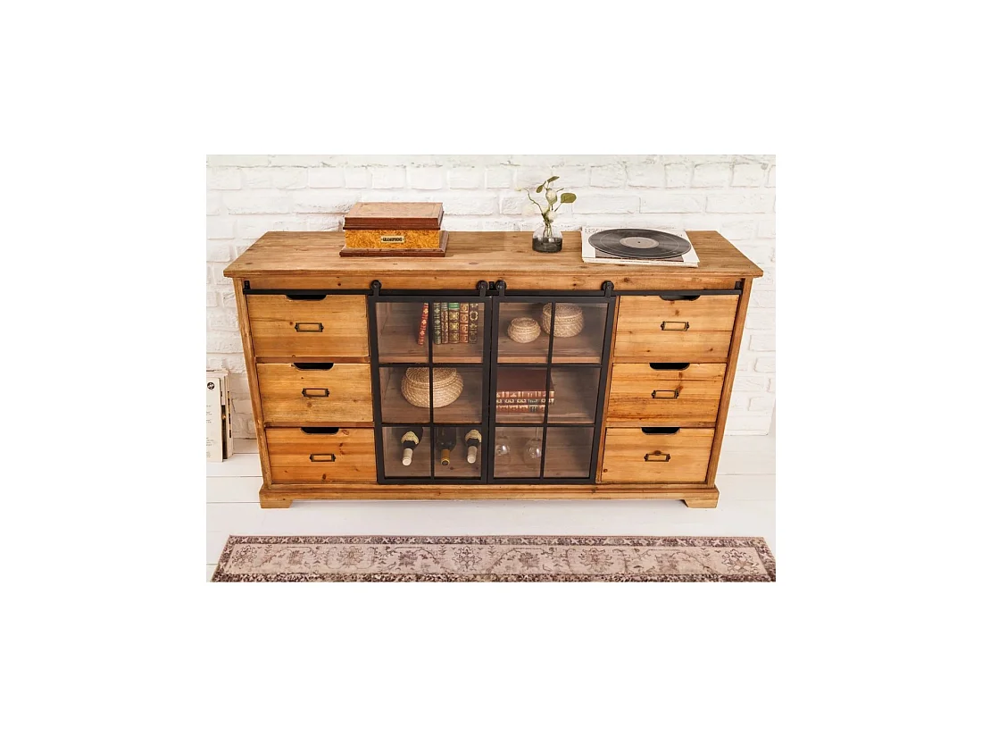 Buffet LUMBER 148 cm en madera de pino – 2 puertas correderas de vidrio y 6 cajones