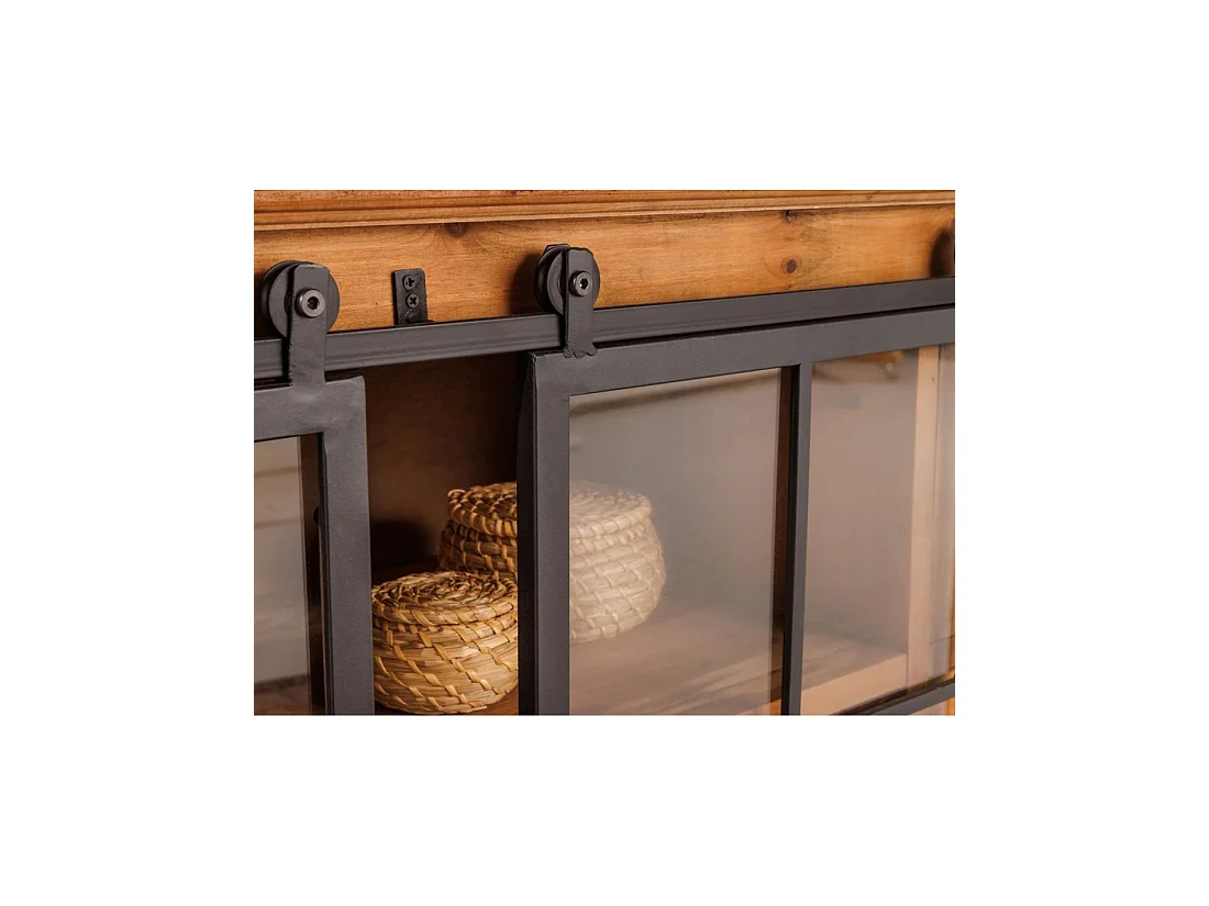 Buffet LUMBER 148 cm en madera de pino – 2 puertas correderas de vidrio y 6 cajones