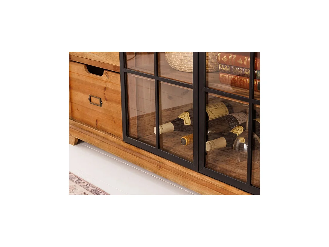 Buffet LUMBER 148 cm en madera de pino – 2 puertas correderas de vidrio y 6 cajones
