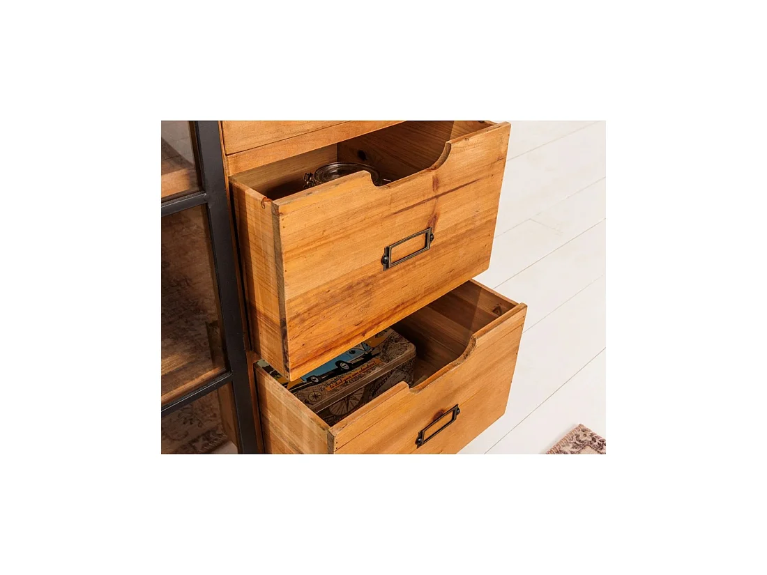 Buffet LUMBER 148 cm en madera de pino – 2 puertas correderas de vidrio y 6 cajones