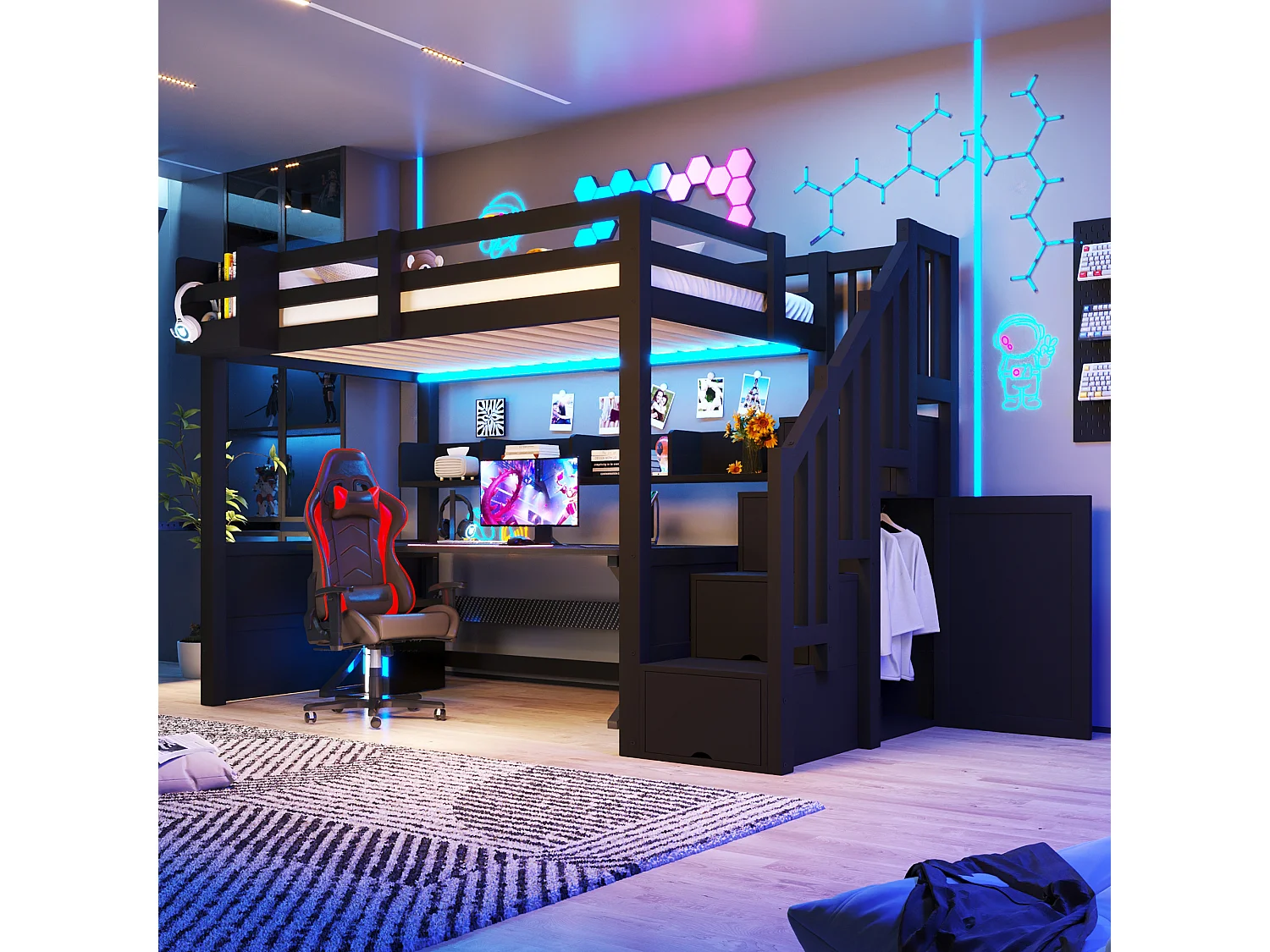 Lit mezzanine pour enfant 90 x 200 cm, équipé d'un meuble de rangement, d'un éclairage LED et d'un escalier avec espace de rangement, noir