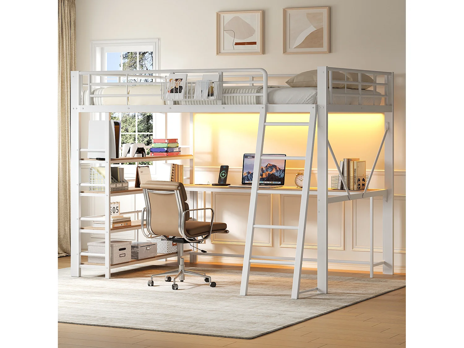 Lit mezzanine 140 x 200 cm, en métal, avec bureau, panier de rangement, compartiments de rangement, prise USB et éclairage LED, blanc