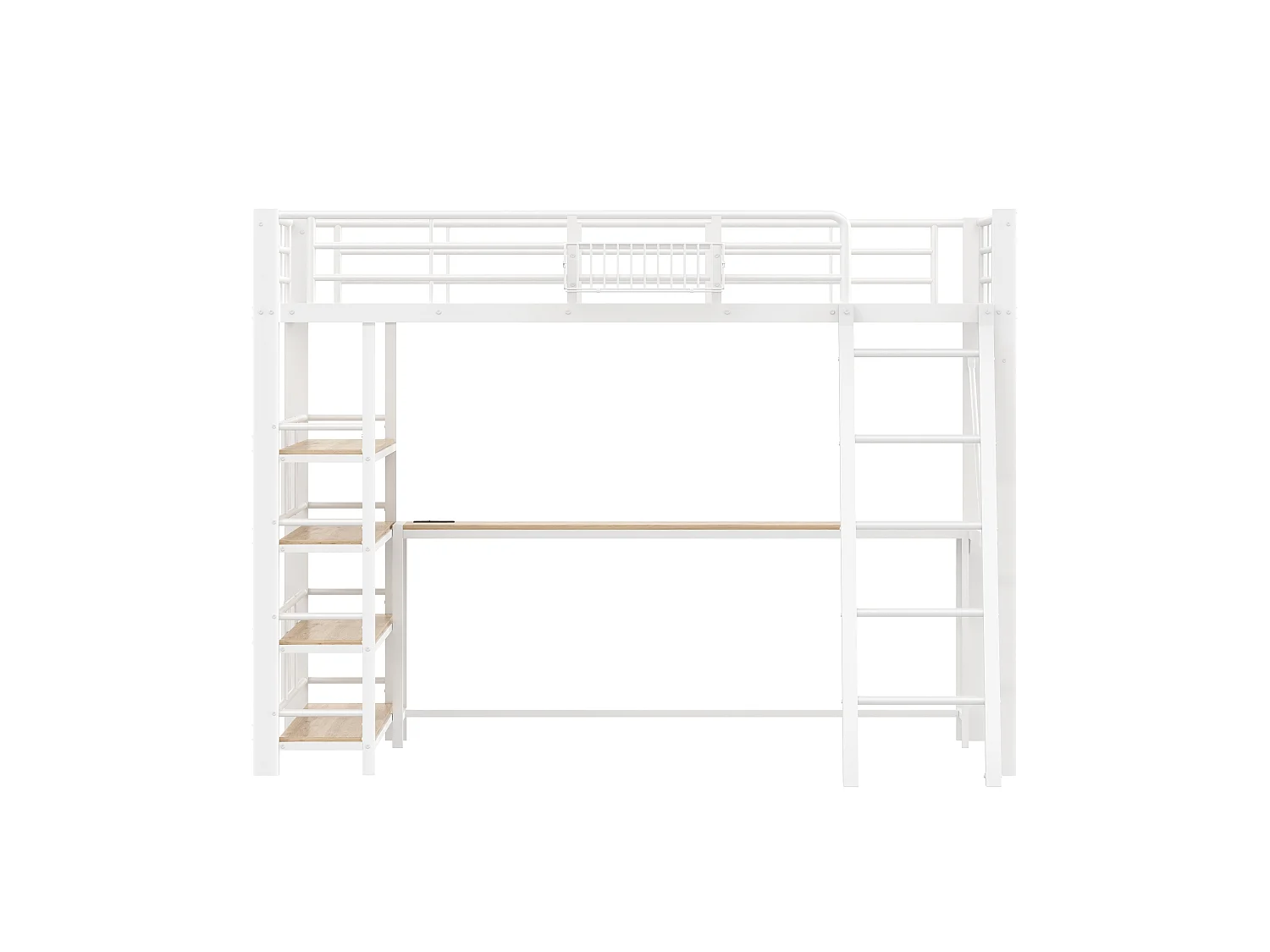 Lit mezzanine 140 x 200 cm, en métal, avec bureau, panier de rangement, compartiments de rangement, prise USB et éclairage LED, blanc