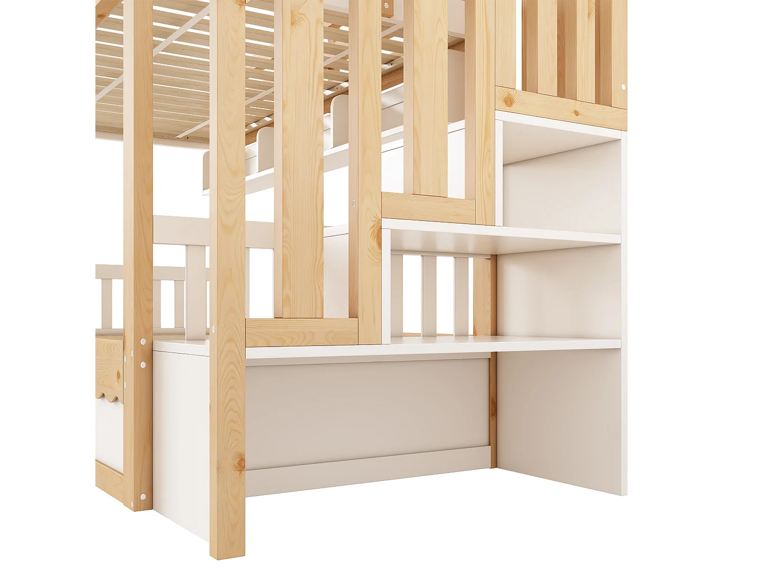 Lit superposé pour enfants 90 x 200, avec rangement hydraulique, escalier de sécurité et étagère, protection anti-chute, blanc et couleur chêne