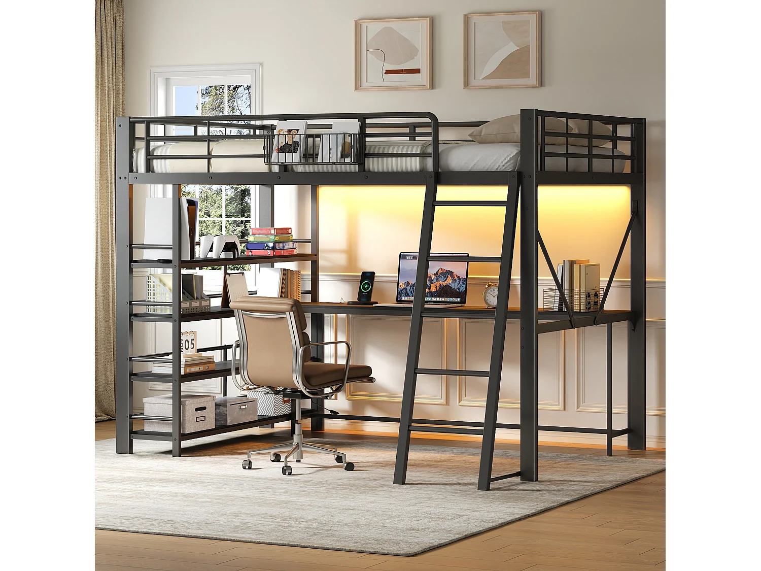 Cama de beliche 140 x 200 cm, em metal, com secretária, cesto de arrumação, compartimentos de arrumação, tomada USB e iluminação LED, preta