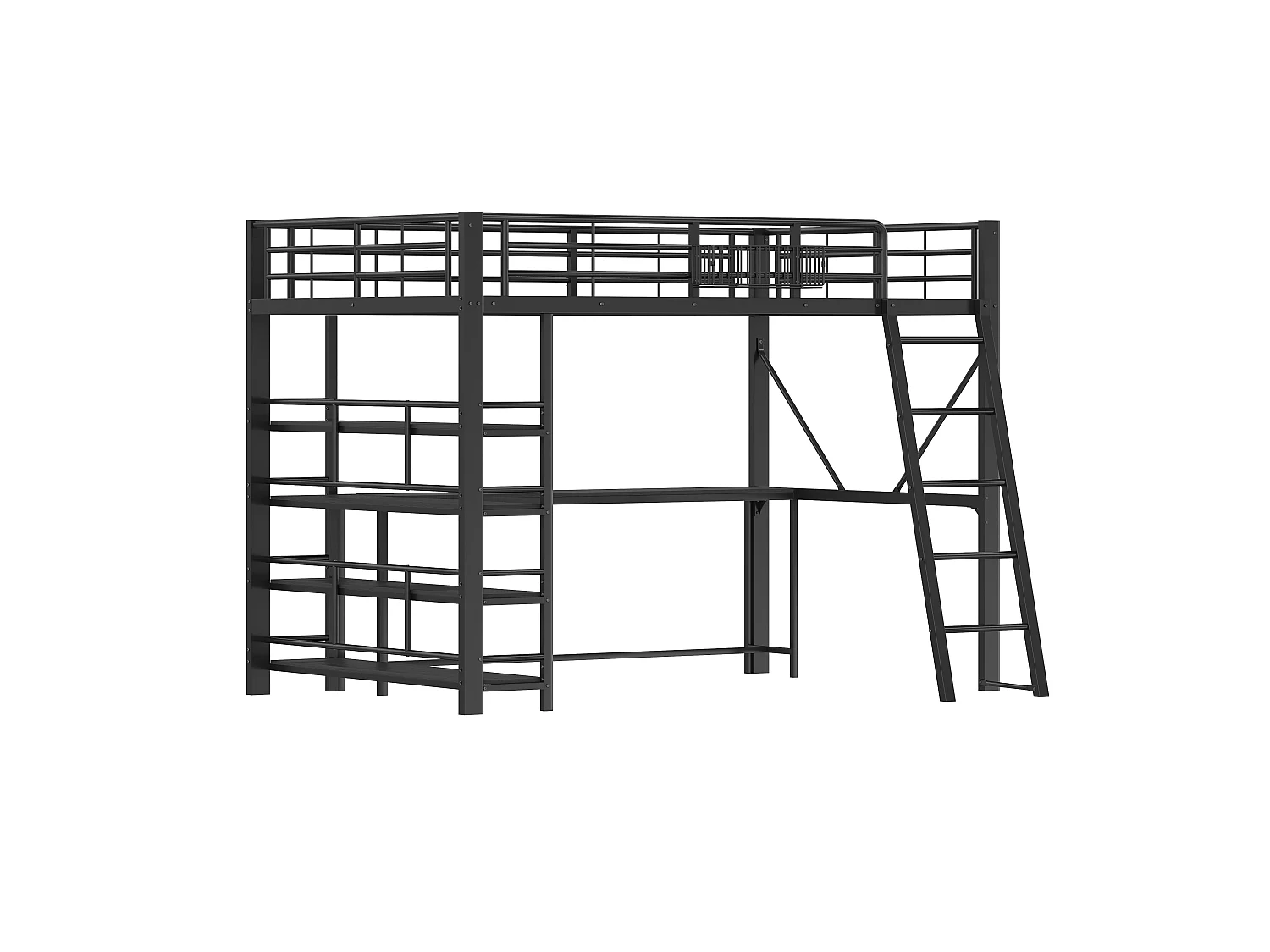 Cama de beliche 140 x 200 cm, em metal, com secretária, cesto de arrumação, compartimentos de arrumação, tomada USB e iluminação LED, preta