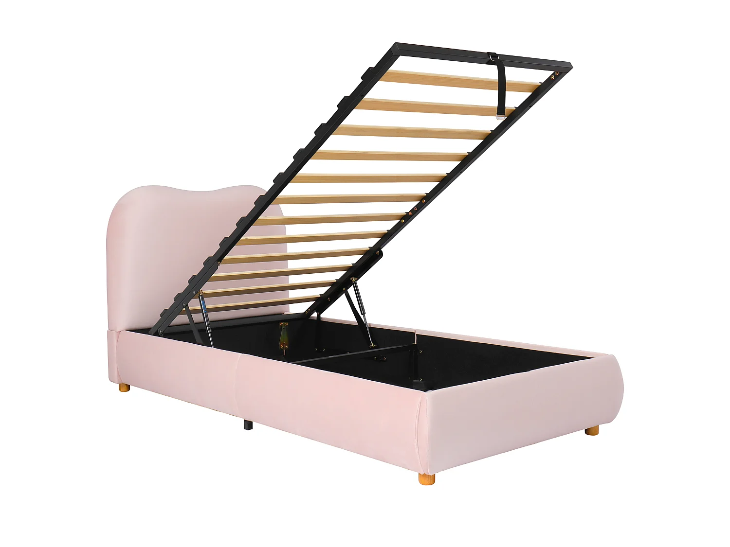 Lit rembourré pour enfant 90 × 200 cm, rangement hydraulique, avec sommier, tête de lit, tête de lit rembourrée, velours, rose