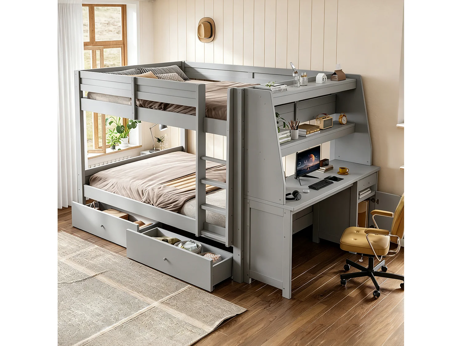 Lit superposé de 140 x 200 cm, équipé d'un meuble de rangement intégré sur le côté, avec un bureau, une étagère et des tiroirs, gris