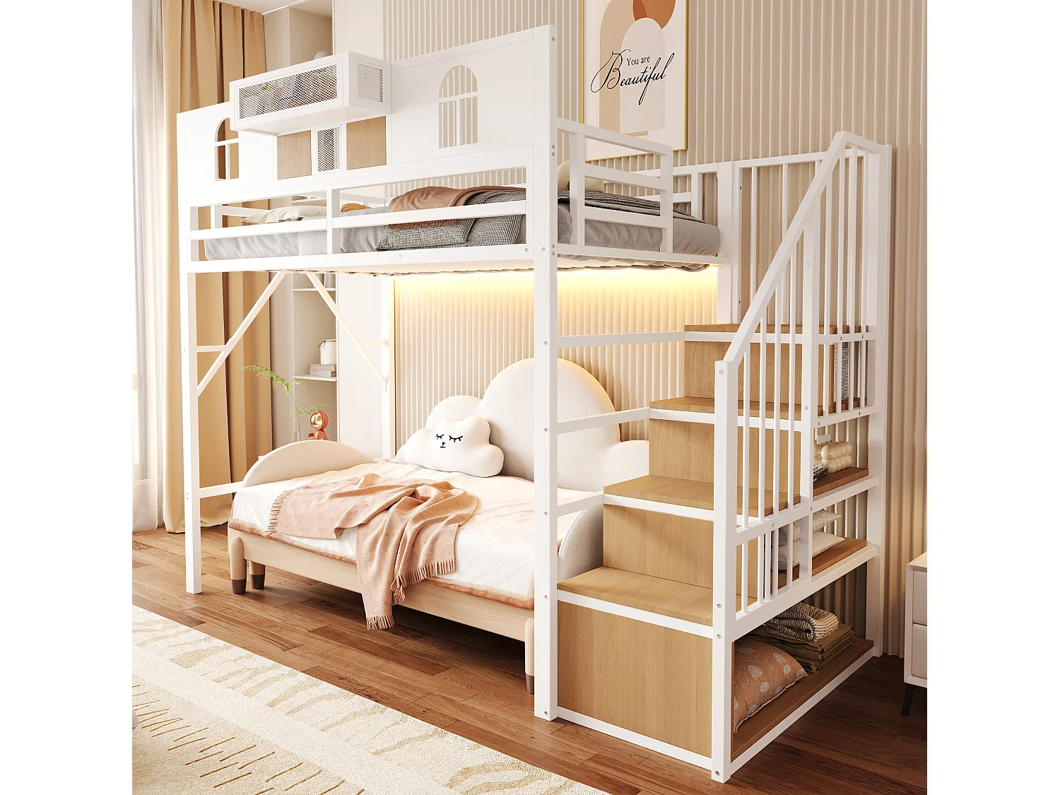 Lit mezzanine 90 x 200 cm, avec échelle de rangement et bande lumineuse, compartiments de rangement, fenêtre, métal, blanc