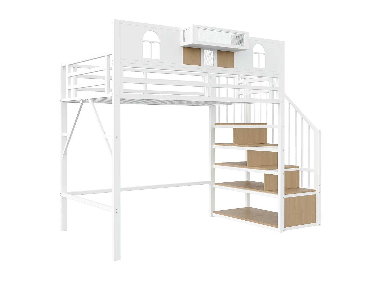 Lit mezzanine 90 x 200 cm, avec échelle de rangement et bande lumineuse, compartiments de rangement, fenêtre, métal, blanc
