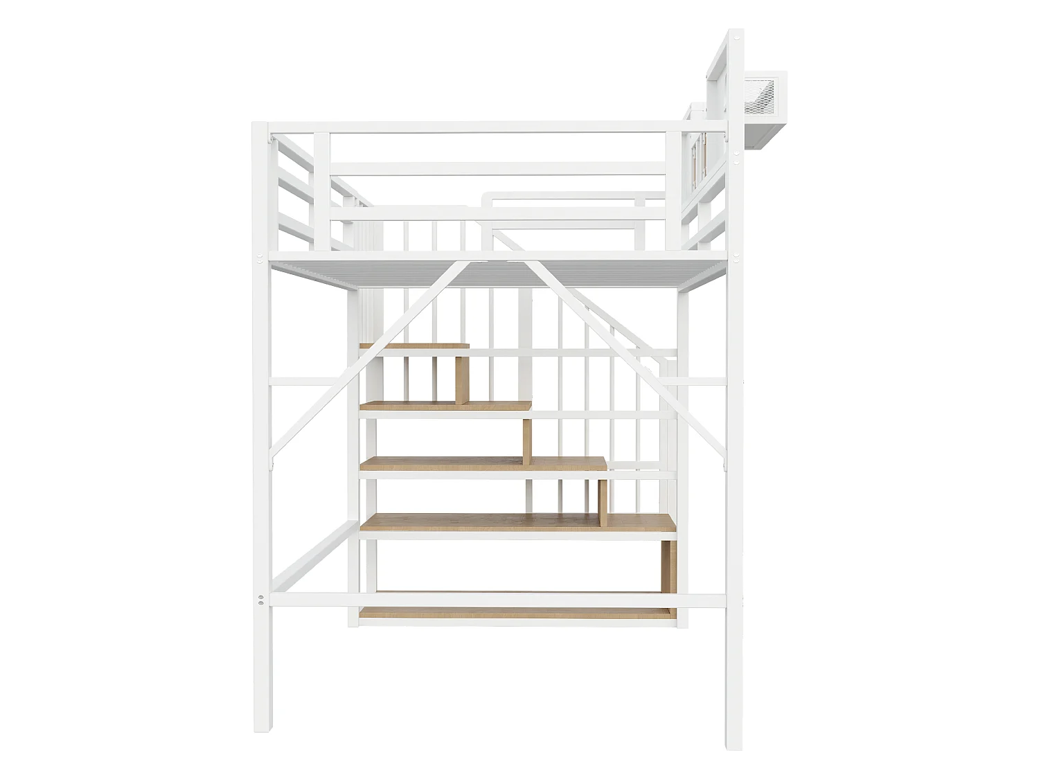 Lit mezzanine 90 x 200 cm, avec échelle de rangement et bande lumineuse, compartiments de rangement, fenêtre, métal, blanc