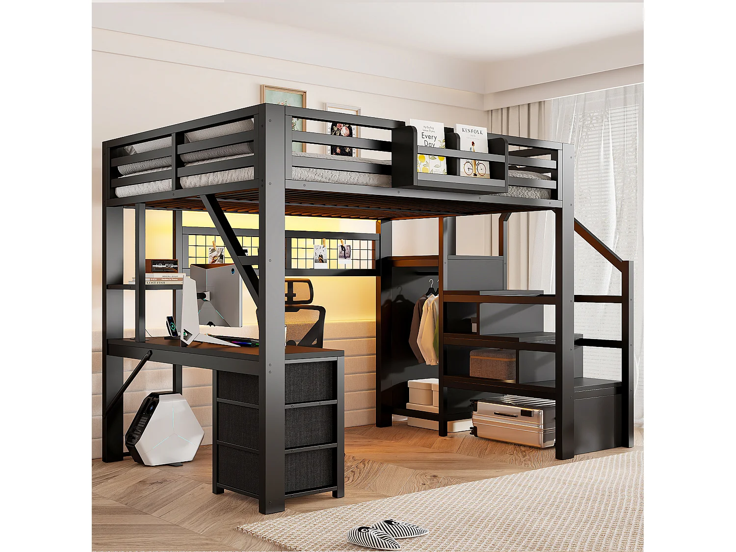 Lit mezzanine pour enfant 140 x 200 cm, avec bureau, 3 tiroirs, compartiments de rangement et armoire, éclairage LED, métal, noir