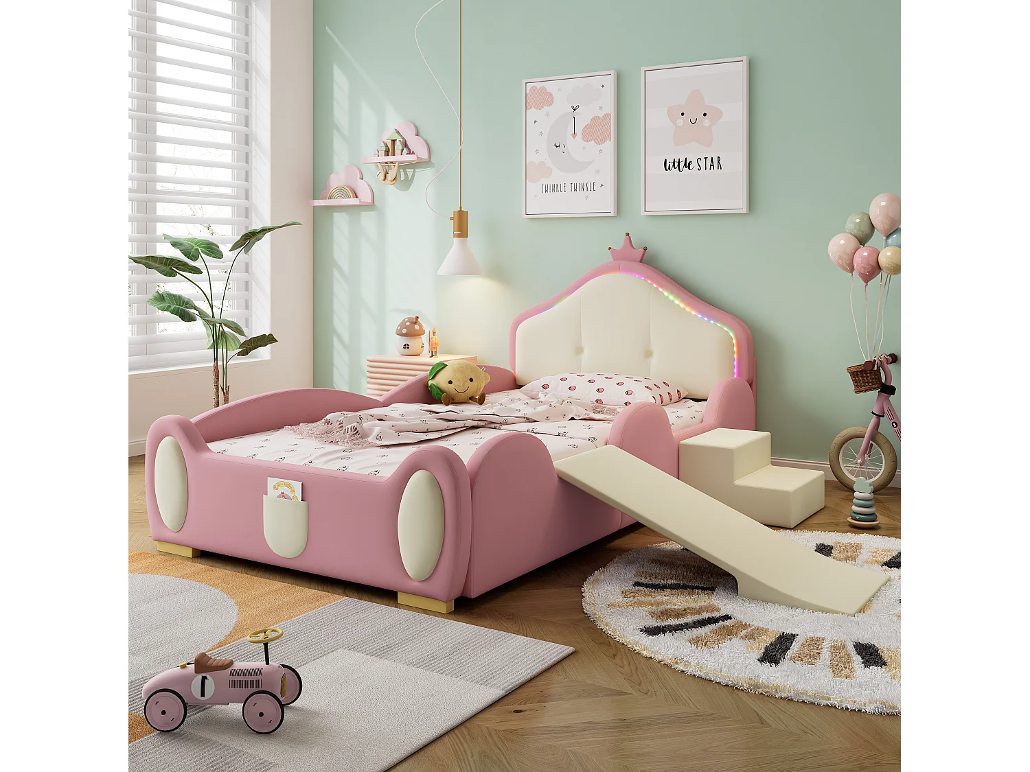 Lit simple pour enfant 90 x 200 cm, avec bande lumineuse LED à plusieurs modes, équipé d'un petit toboggan et d'un escalier, en PU, rose + beige