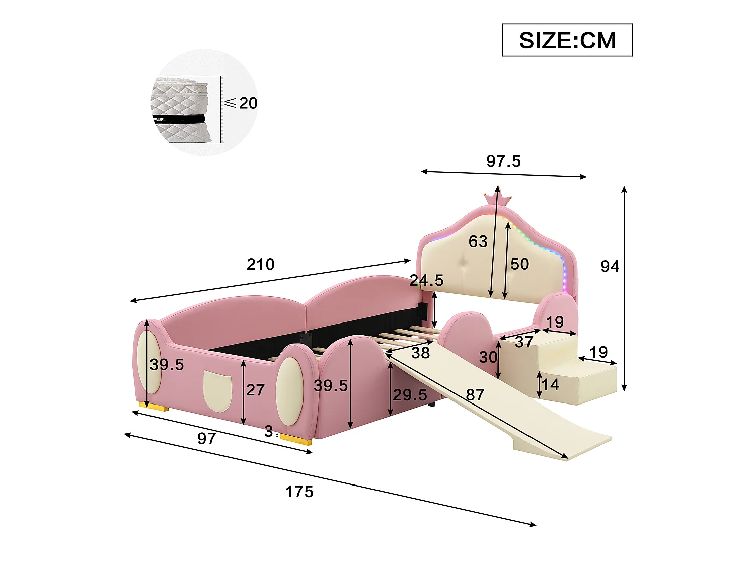 Lit simple pour enfant 90 x 200 cm, avec bande lumineuse LED à plusieurs modes, équipé d'un petit toboggan et d'un escalier, en PU, rose + beige