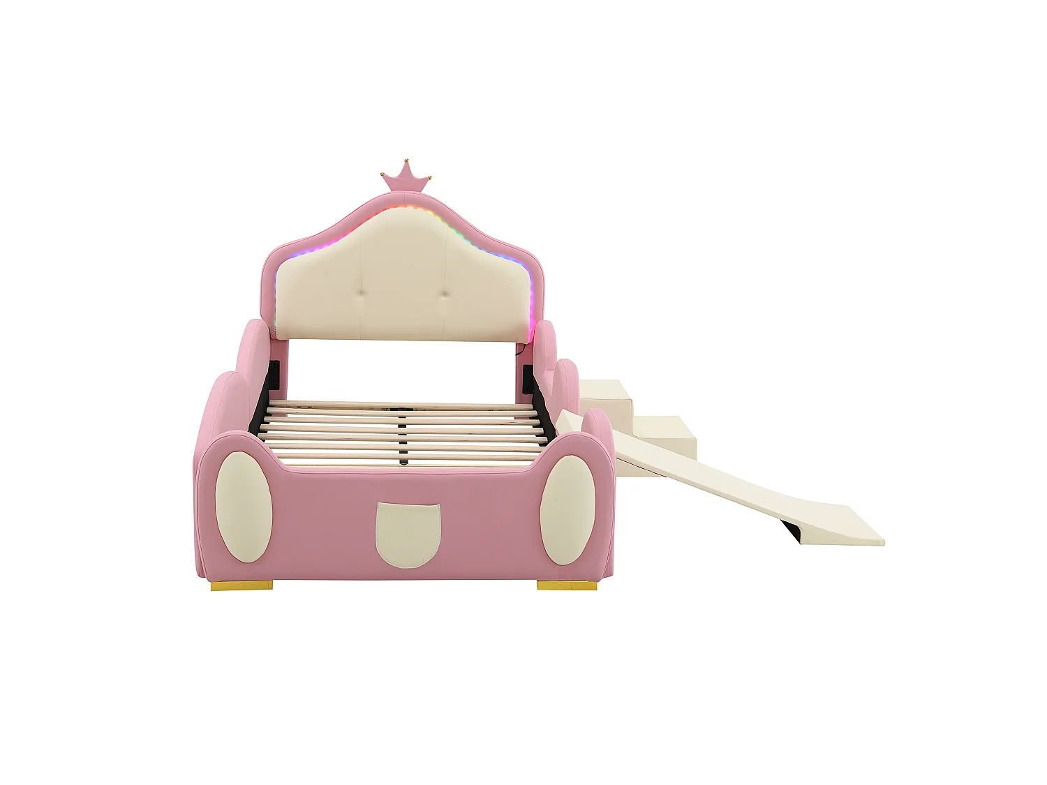 Lit simple pour enfant 90 x 200 cm, avec bande lumineuse LED à plusieurs modes, équipé d'un petit toboggan et d'un escalier, en PU, rose + beige