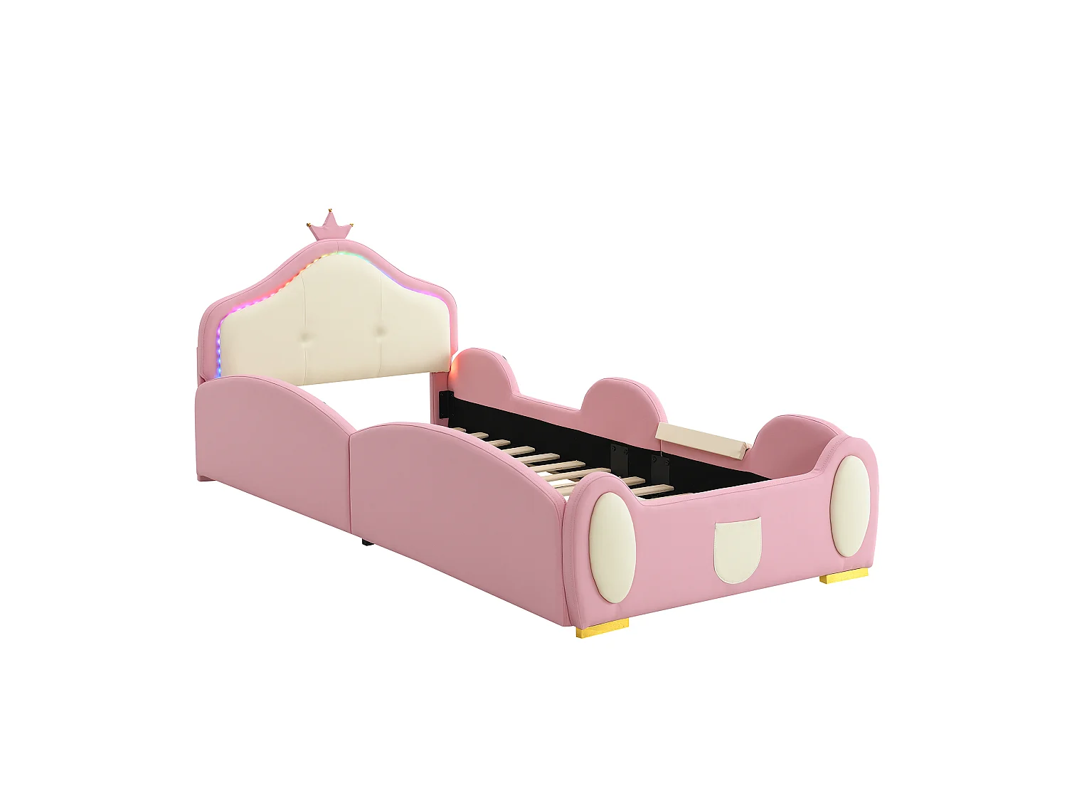 Lit simple pour enfant 90 x 200 cm, avec bande lumineuse LED à plusieurs modes, équipé d'un petit toboggan et d'un escalier, en PU, rose + beige