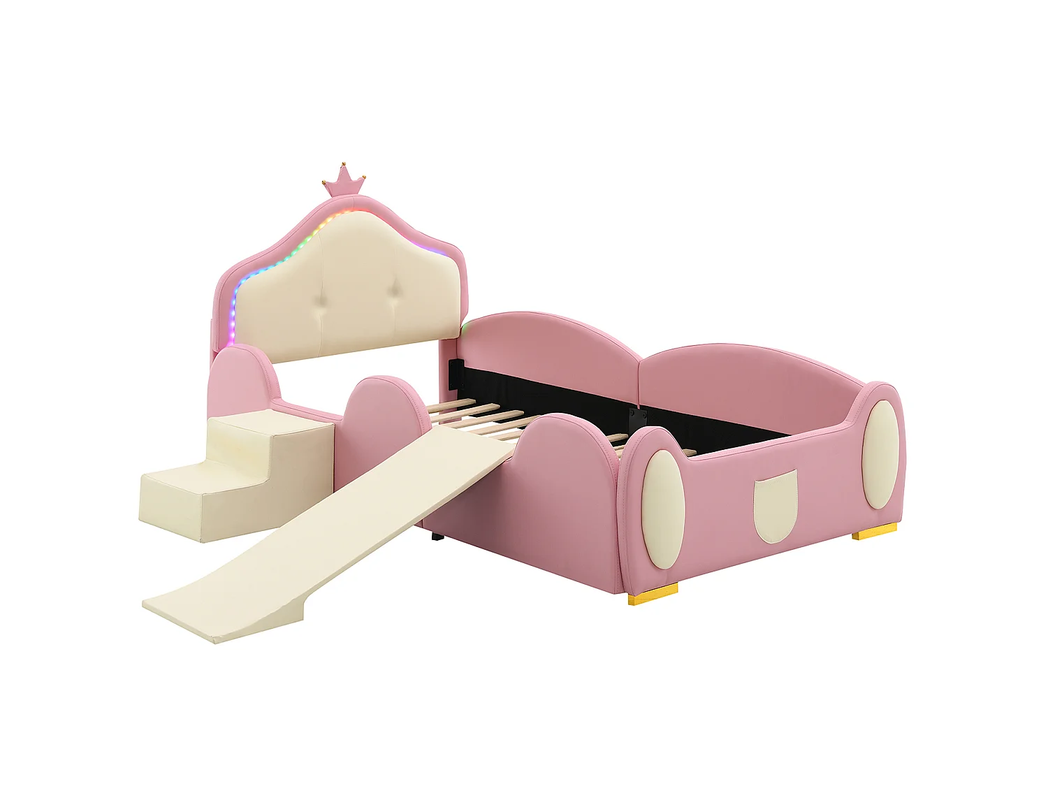 Lit simple pour enfant 90 x 200 cm, avec bande lumineuse LED à plusieurs modes, équipé d'un petit toboggan et d'un escalier, en PU, rose + beige