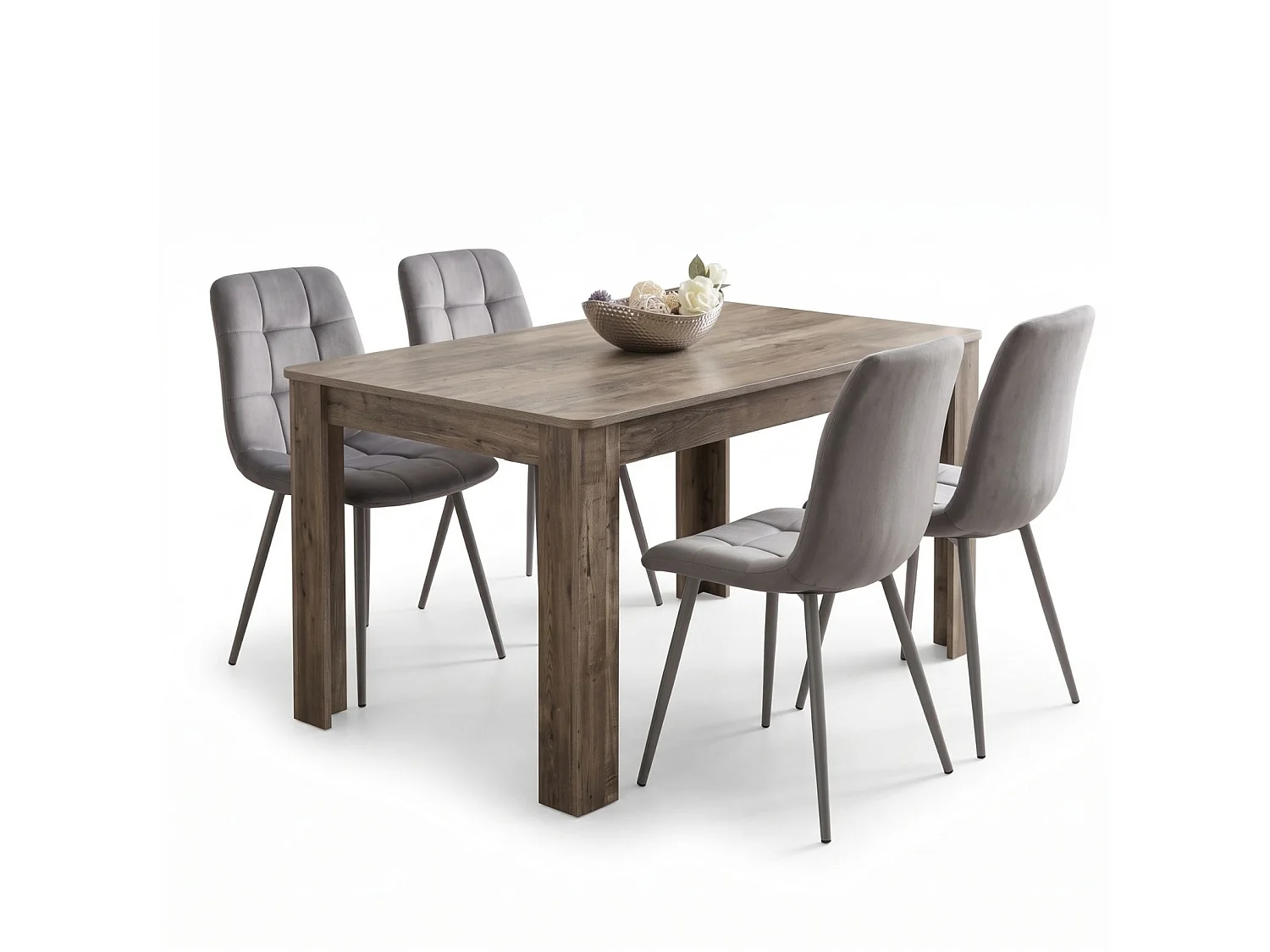 Modern Dining Set with Rustic Wood Effect Table and 4 Grey Nova Velvet Chairs 4 Seater for Kitchen