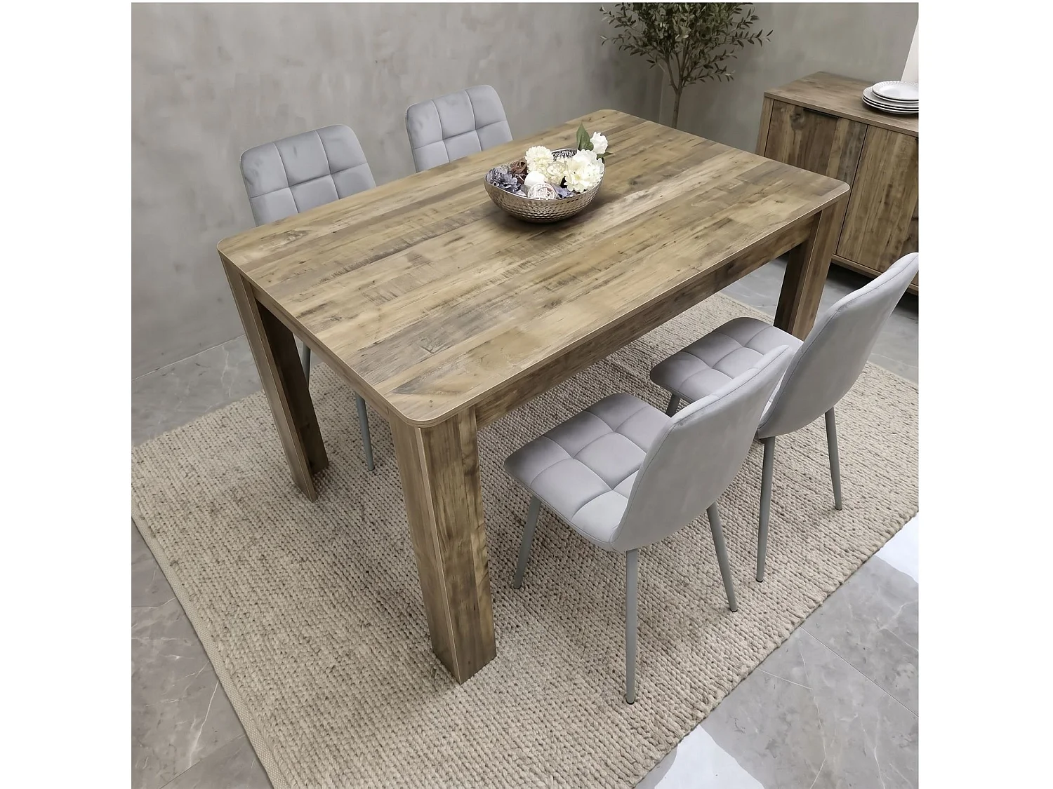 Modern Dining Set with Rustic Wood Effect Table and 4 Grey Nova Velvet Chairs 4 Seater for Kitchen