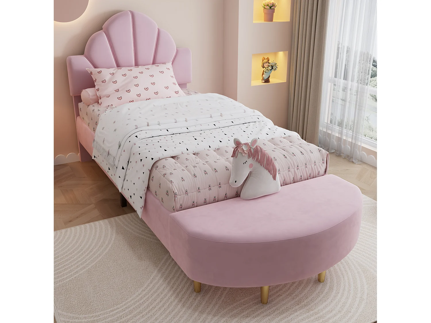 Lit simple pour enfant 90 x 200 cm, avec banc assorti, bordures rembourrées de mousse souple anti-chocs, velours et contreplaqué, rose