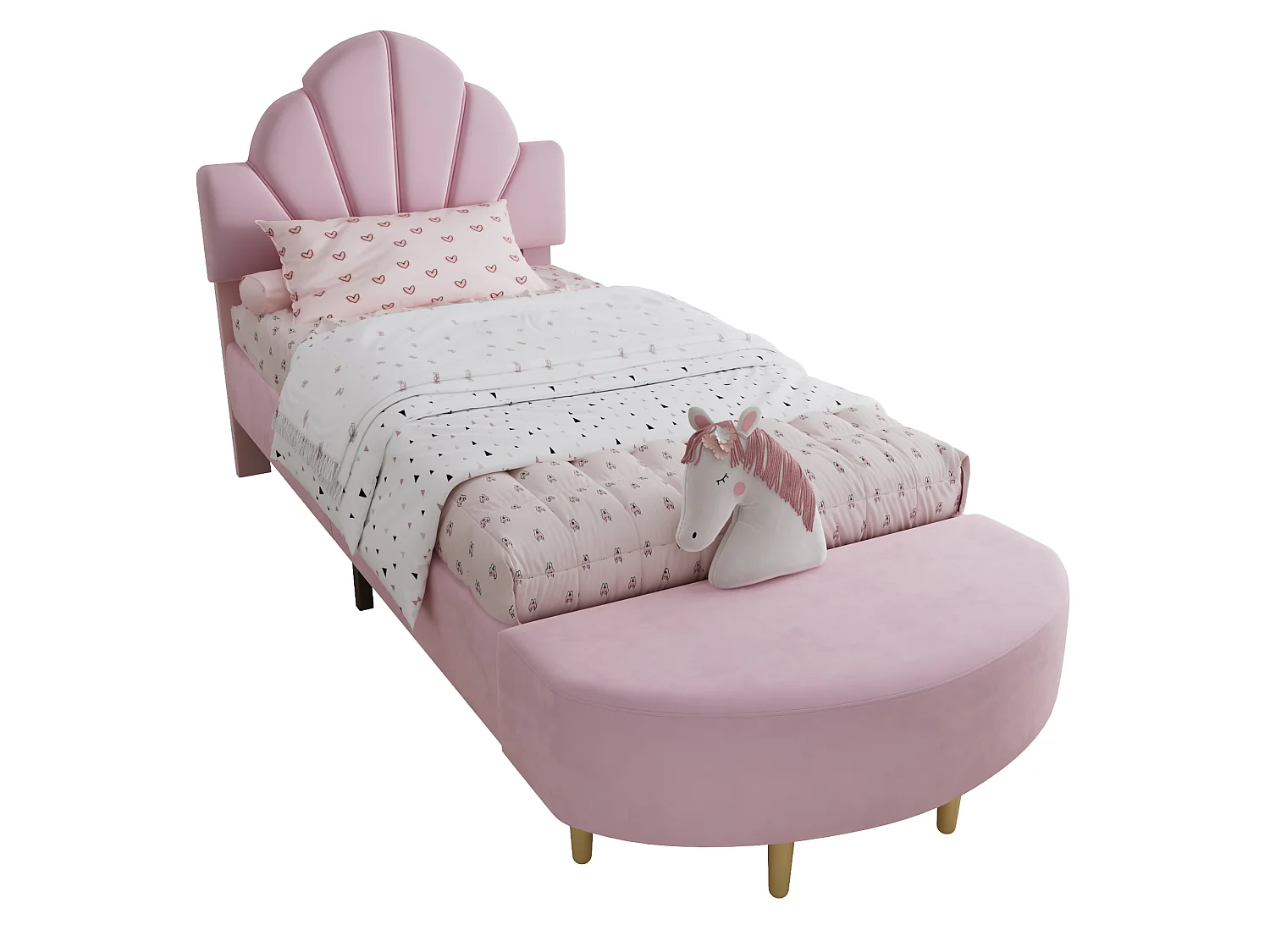Lit simple pour enfant 90 x 200 cm, avec banc assorti, bordures rembourrées de mousse souple anti-chocs, velours et contreplaqué, rose
