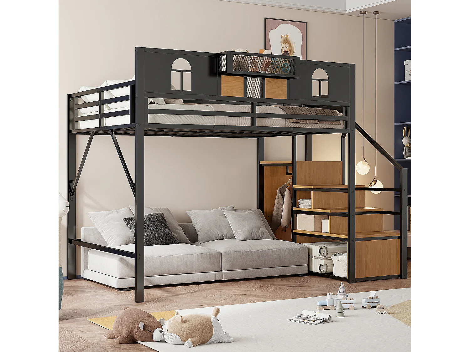 Lit mezzanine 140 x 200 cm, avec échelle de rangement et bande lumineuse, compartiments de rangement, fenêtre, métal, noir